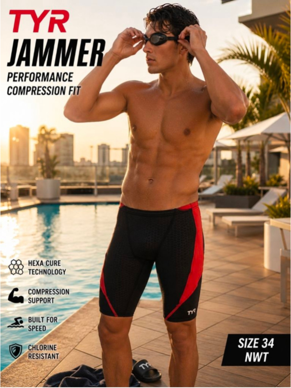 TYR Hexa Cure Jammer Swim Shorts Black Red Compression Swim Trunks Size 34 NWT